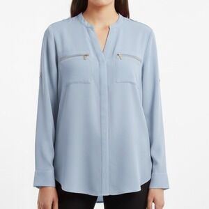 Calvin Klein Women Shirt Blue Long Sleeve Button Front Zipper Pockets Size M